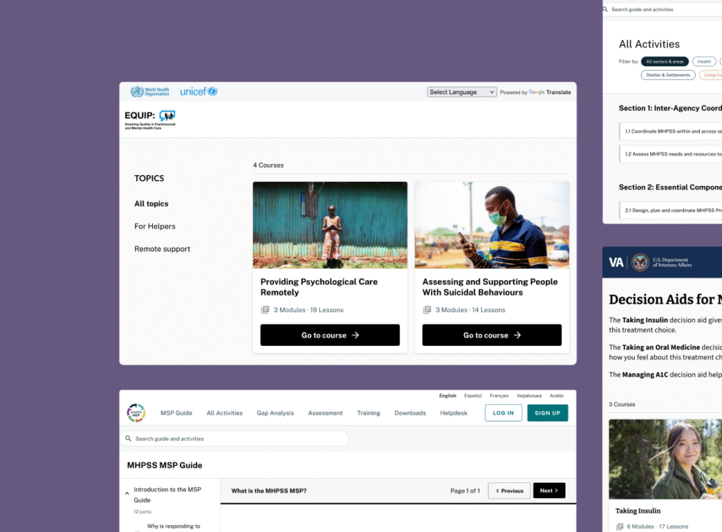 A promotional thumbnail for the ANU Learning Management System (LMS) presented as a collage of screenshots. Clockwise from top left: the EQUIP e-learning platform from WHO/UNICEF showing courses on psychological care; the MHPSS.net 'All Activities' directory; a U.S. Department of Veterans Affairs page for diabetes decision aids; and the 'MHPSS MSP Guide' informational page. The image highlights the versatility of the LMS in creating diverse digital health and support tools.