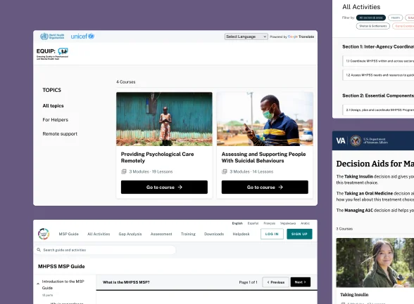 A promotional thumbnail for the ANU Learning Management System (LMS) presented as a collage of screenshots. Clockwise from top left: the EQUIP e-learning platform from WHO/UNICEF showing courses on psychological care; the MHPSS.net 'All Activities' directory; a U.S. Department of Veterans Affairs page for diabetes decision aids; and the 'MHPSS MSP Guide' informational page. The image highlights the versatility of the LMS in creating diverse digital health and support tools.