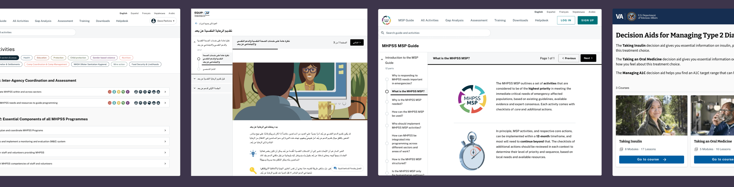 A panoramic image showcasing four screenshots of digital health platforms. The first, on the left, is the 'Activities' section of the MHPSS.net website. The second shows a content page in Arabic with a prominent illustration of a person in a video call. The third screenshot displays the 'MHPSS MSP Guide' with its question-and-answer format and diagrams. The fourth, on the right, is a webpage from the U.S. Department of Veterans Affairs titled 'Decision Aids for Managing Type 2 Diabetes'.