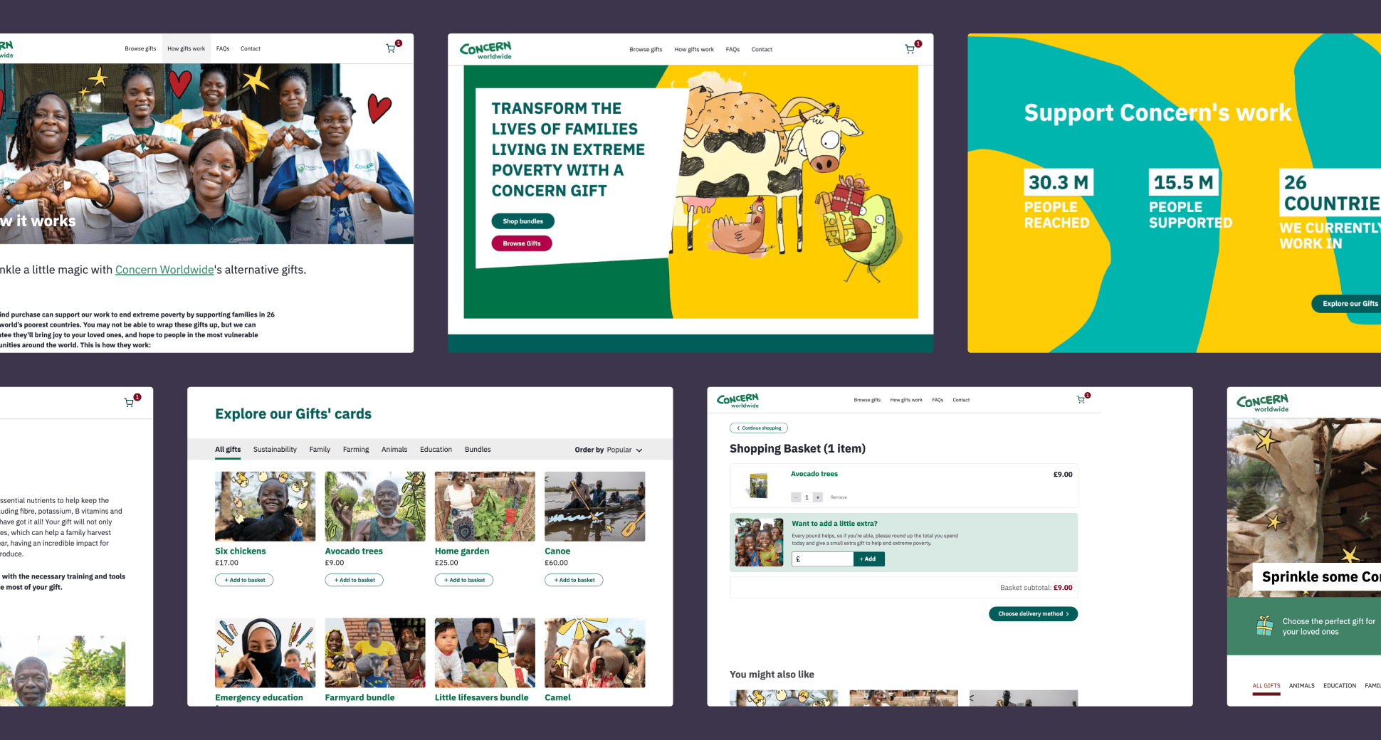A collage of screenshots from the Concern Worldwide charitable gifts website, which allows users to buy "alternative gifts" to support families in poverty. Key sections shown in the screenshots include: A vibrant homepage banner with an illustration of farm animals and the call to action "Transform the lives of families." A product page listing various gifts like "Six chickens (£21.00)" and "Avocado trees (£9.00)" with accompanying photos. A bright yellow and teal banner displaying statistics about the organization's impact, such as the number of people reached and countries they work in. A shopping basket page showing an item ready for purchase.