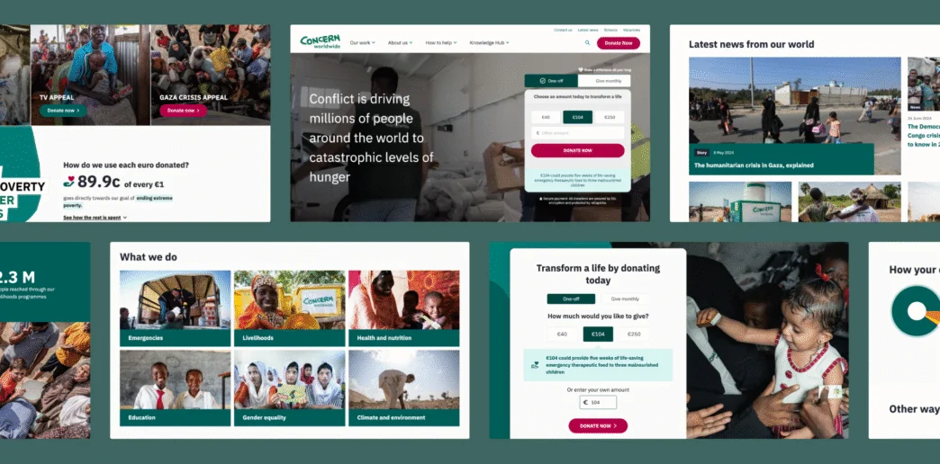 A collage of screenshots from the "Concern Worldwide" charity website, showcasing its design and content. The screenshots display various sections, including: Appeals for donations for a "TV Appeal" and a "Gaza Crisis Appeal". A headline stating, "Conflict is driving millions of people around the world to catastrophic levels of hunger." Donation forms with options for one-off or monthly contributions in euros and pounds. A section detailing their work in areas like Emergencies, Livelihoods, Health and nutrition, Education, Gender equality, and Climate and environment, each with a representative photo. A "Latest news" section featuring an article on the humanitarian crisis in Gaza. Images of people from various communities, including children and adults, receiving aid or participating in programs.