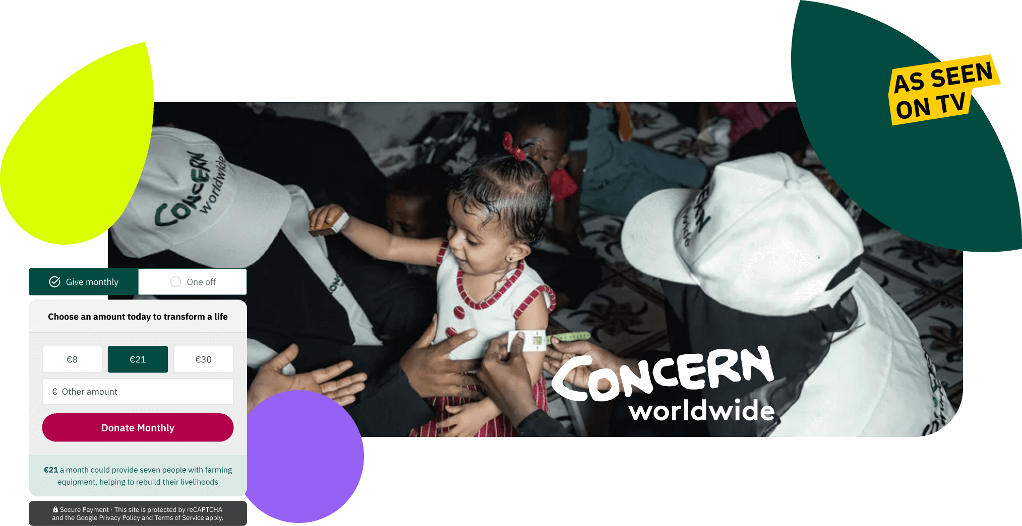 A collection of assets from Concern worldwide, including an element of a donation flow, the concern logo, and 3 iconic elements from the Systemseed brand. All shown overlaid over a photo of a girl receiving a vaccine.