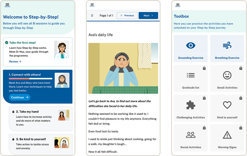 Three mobile app screens from the 'Step-by-Step' program are displayed side-by-side. The left screen is a 'Welcome' page listing guided sessions. The center screen tells a story about 'Ava's daily life' with an illustration. The right screen shows a 'Toolbox' with exercises like 'Grounding Exercise' and 'Breathing Exercise'.