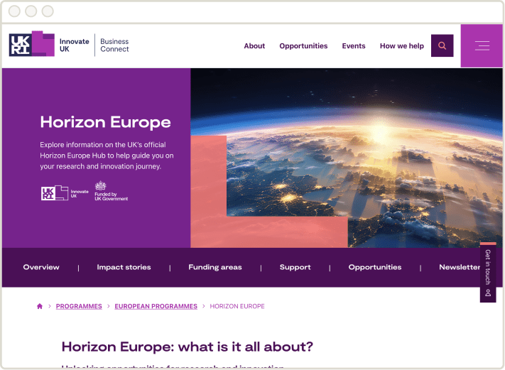A screenshot of the "Horizon Europe" page on the Innovate UK Business Connect website. The page has a modern, purple-themed design. The main banner features a large, striking image of planet Earth viewed from space at sunrise, with the title "Horizon Europe" and a brief description overlaid. The header includes the UKRI and Innovate UK logos, along with a navigation menu. Below the main banner, the content begins with the heading, "Horizon Europe: what is it all about?".