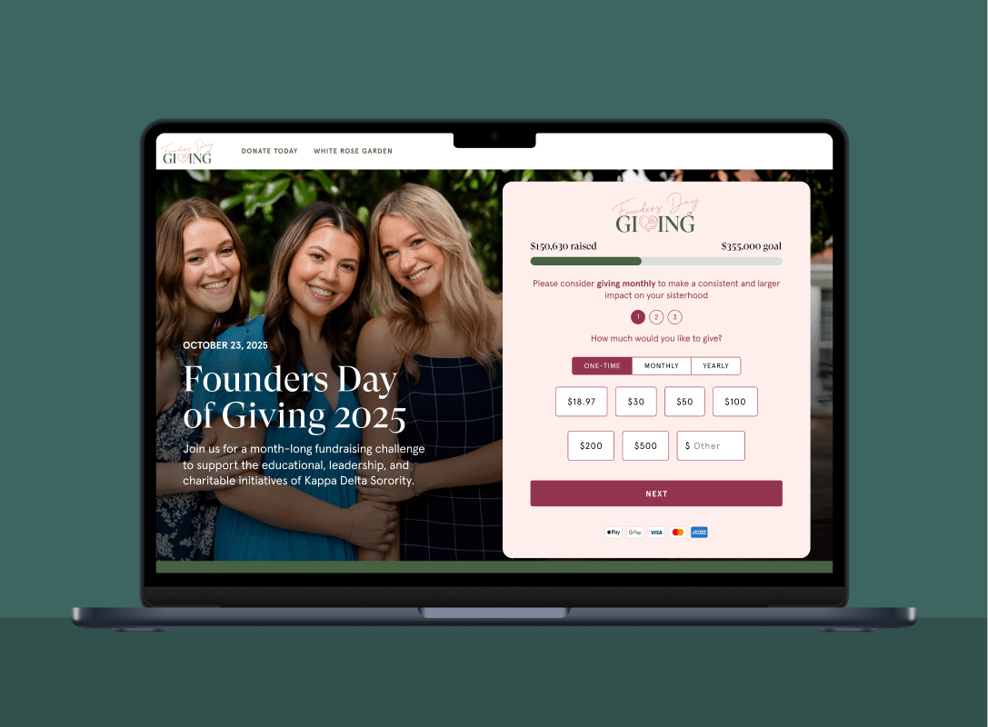 A screenshot of the desktop view of the "Founders Day of Giving 2025" website for the Kappa Delta Sorority. The main section features a photo of three young women smiling on the left, with text that reads, "Founders Day of Giving 2025," and a date of "October 23, 2025." On the right is a prominent donation form. It includes a progress bar showing "$150,630 raised" towards a "$355,000 goal." The form provides options for one-time, monthly, or yearly donations with pre-selected amounts ranging from $18.97 to $500, as well as an "Other" option. At the bottom of the page, a green banner titled "Thank You To Our Donors" displays a list of recent contributions with the donor's name, amount, and time of donation, shown on a macbook pro with a turquoise background.