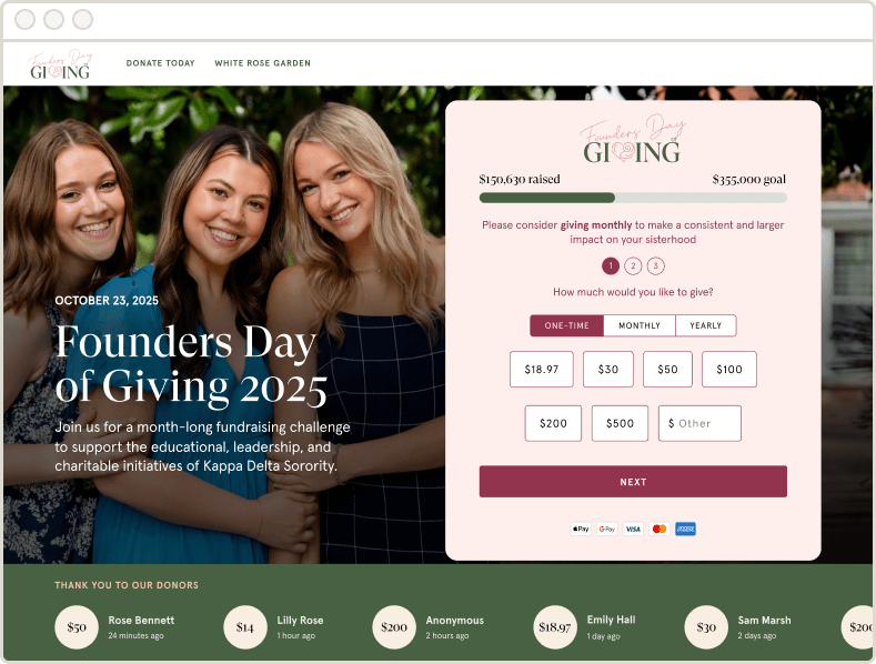 A screenshot of the desktop view of the "Founders Day of Giving 2025" website for the Kappa Delta Sorority. The main section features a photo of three young women smiling on the left, with text that reads, "Founders Day of Giving 2025," and a date of "October 23, 2025." On the right is a prominent donation form. It includes a progress bar showing "$150,630 raised" towards a "$355,000 goal." The form provides options for one-time, monthly, or yearly donations with pre-selected amounts ranging from $18.97 to $500, as well as an "Other" option. At the bottom of the page, a green banner titled "Thank You To Our Donors" displays a list of recent contributions with the donor's name, amount, and time of donation.