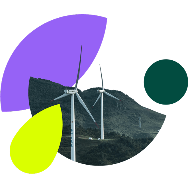 Photo of wind farm turbines on a hillside with colourful abstract shapes.
