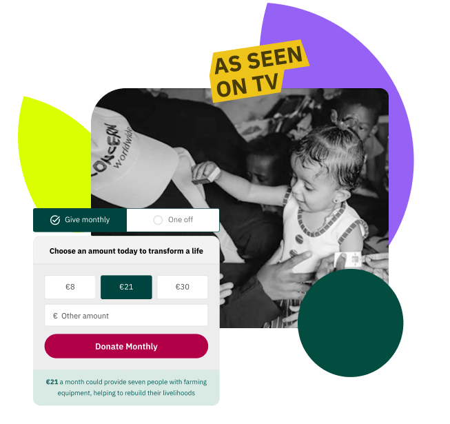 A collection of assets from Concern worldwide, including an element of a donation flow, the concern logo, and 3 iconic elements from the Systemseed brand. All shown overlaid over a photo of a girl receiving a vaccine.