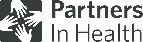 Partners in Health logo, including an icon of four hands stretching towards each other, within a square