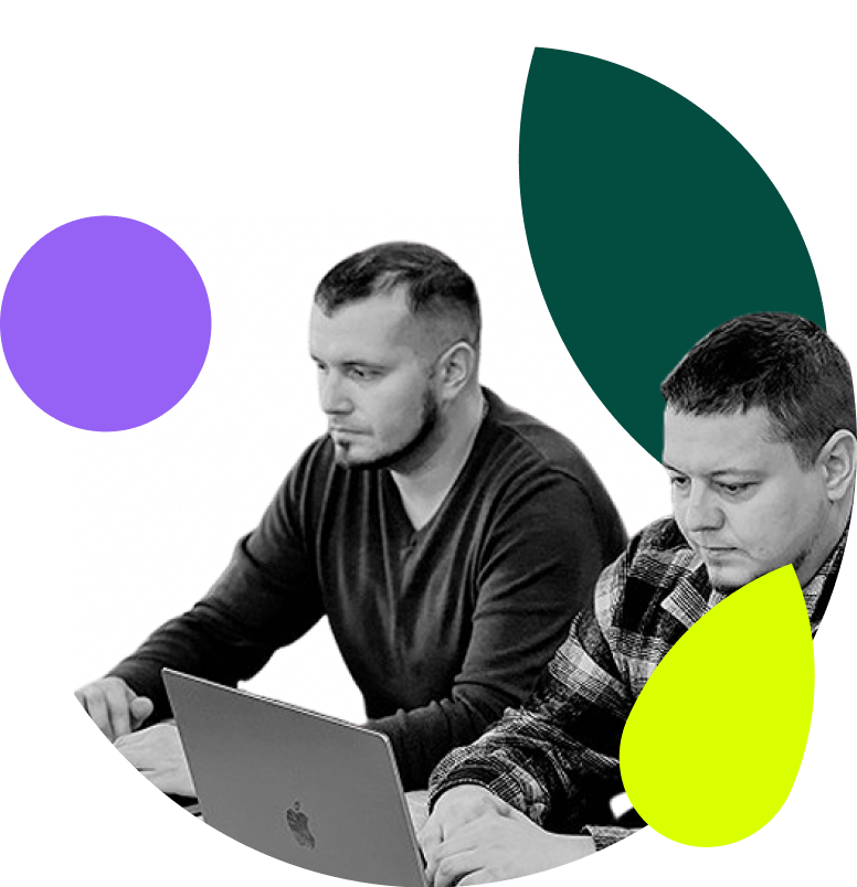 Two men working intently on laptops, shown in a black-and-white photo with colourful abstract shapes (a purple circle, a green leaf, and a yellow leaf) overlaid in the background.
