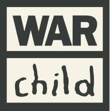 War Child logo, the word WAR is written in bold all caps, and the word child is written in child-like, handwritten font, in lowercase.