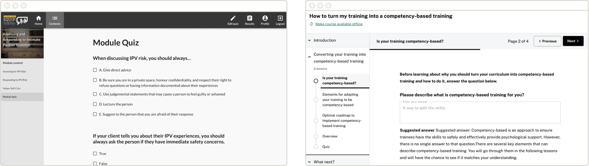 This split image shows the main course catalog interface. Left (Desktop View): Displays the "HOW TO USE" section with 17 courses. Navigation: Includes "HOW TO USE," "COMPETENCY ASSESSMENT TOOL," and "RESOURCES." Categories: Shows filters like "All categories," "How to use Digital EQUIP," "What is EQUIP Competency-Based Training," and more. Course Cards: Features several courses with titles like "How to use the digital EQUIP platform," "Getting Started with Digital EQUIP," and "A quick introduction to EQUIP." Each card lists modules and lessons and has a "Go to course" button. Right (Mobile View): Shows a simplified "Courses" view. Filters: Includes "All courses" and a truncated filter starting with "Delivering Competency-Bas..." Featured Course: Highlights "DELIVERING COMPETENCY-BASED TRAINING" and indicates it is a "COMPLETED COURSE." Language Options: Visible at the top: English, Español, and Nepali.