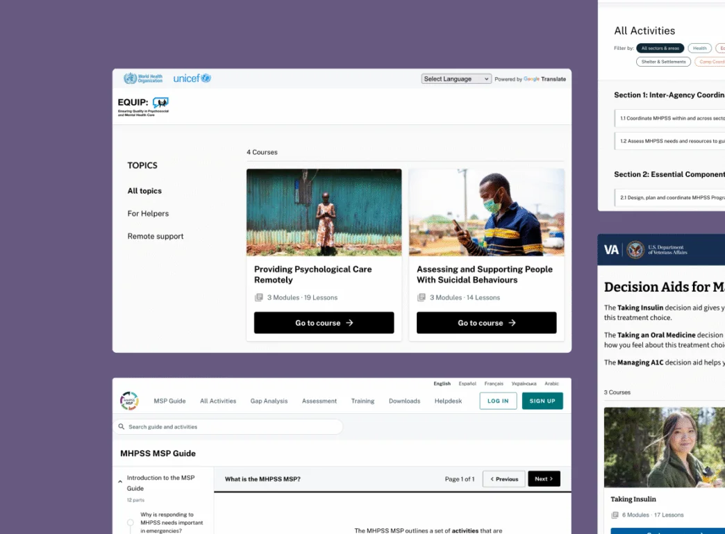 A promotional thumbnail for the ANU Learning Management System (LMS) presented as a collage of screenshots. Clockwise from top left: the EQUIP e-learning platform from WHO/UNICEF showing courses on psychological care; the MHPSS.net 'All Activities' directory; a U.S. Department of Veterans Affairs page for diabetes decision aids; and the 'MHPSS MSP Guide' informational page. The image highlights the versatility of the LMS in creating diverse digital health and support tools.