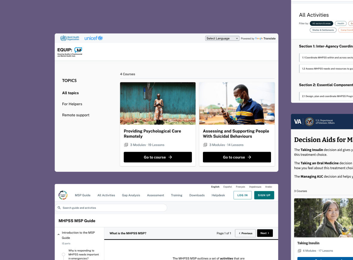 A promotional thumbnail for the ANU Learning Management System (LMS) presented as a collage of screenshots. Clockwise from top left: the EQUIP e-learning platform from WHO/UNICEF showing courses on psychological care; the MHPSS.net 'All Activities' directory; a U.S. Department of Veterans Affairs page for diabetes decision aids; and the 'MHPSS MSP Guide' informational page. The image highlights the versatility of the LMS in creating diverse digital health and support tools.