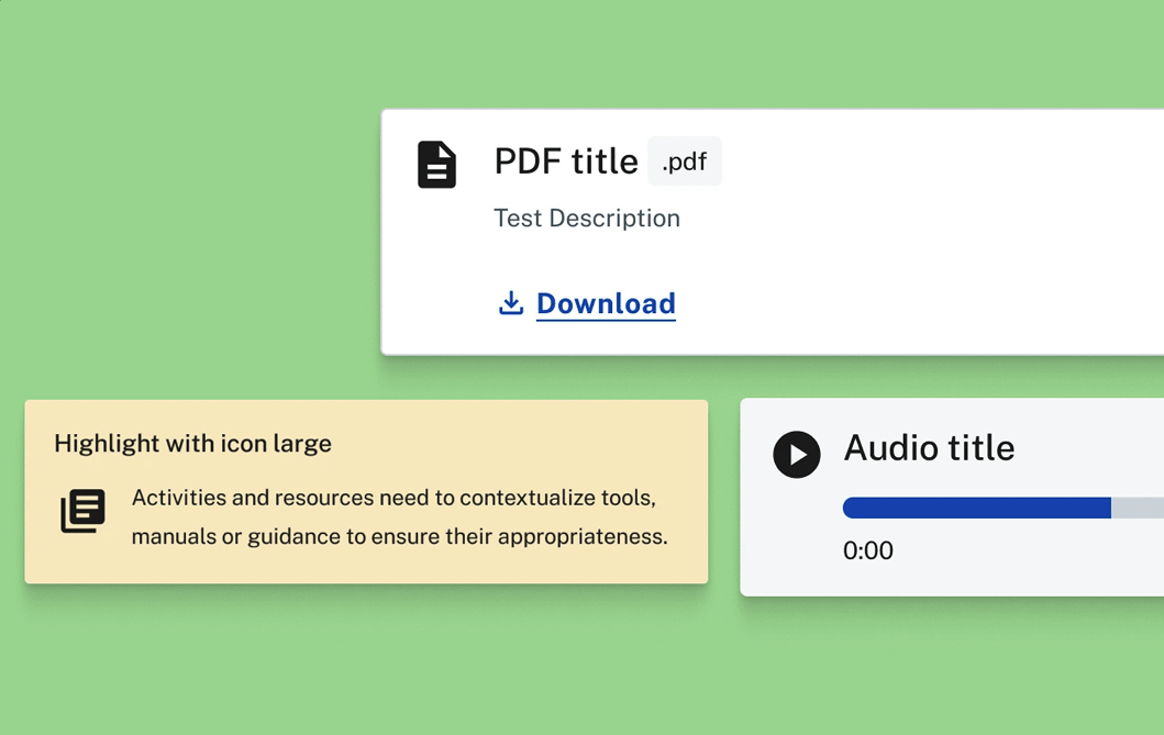 n image displaying three UI elements from the ANU Learning Management System (LMS) on a light green background. The components are a card for downloading a PDF, a yellow highlight box with an important message, and an audio player for listening to a track.