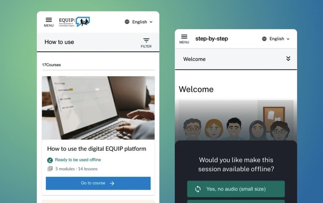 A promotional graphic for the ANU LMS featuring two side-by-side mobile screenshots. The left screen shows the EQUIP platform's course listing, with a card for a course titled 'How to use the digital EQUIP platform'. The right screen shows the 'step-by-step' platform's welcome session, featuring illustrated characters and a dialog box asking the user to make the session available for offline use.