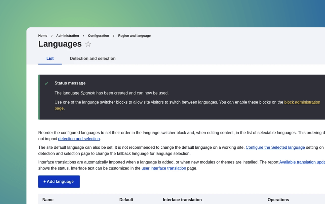 A promotional graphic showcasing the backend of the ANU LMS. The image is a screenshot of the 'Languages' configuration page, under 'Administration'. A prominent status message confirms that the Spanish language has been created and can be used. The page also shows options and instructions for language detection, selection, and translation management.