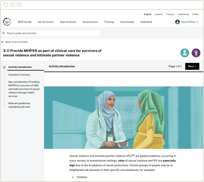 A screenshot of a detailed guidance page from the MHPSS MSP Guide platform. The page, numbered 3.11, is about providing MHPSS to survivors of violence. A vertical menu on the left navigates the activity's sections. The main content area, under 'Activity introduction', displays a large illustration of a healthcare provider wearing a hijab consulting with a patient. Below this, text explains the prevalence of sexual and intimate partner violence.