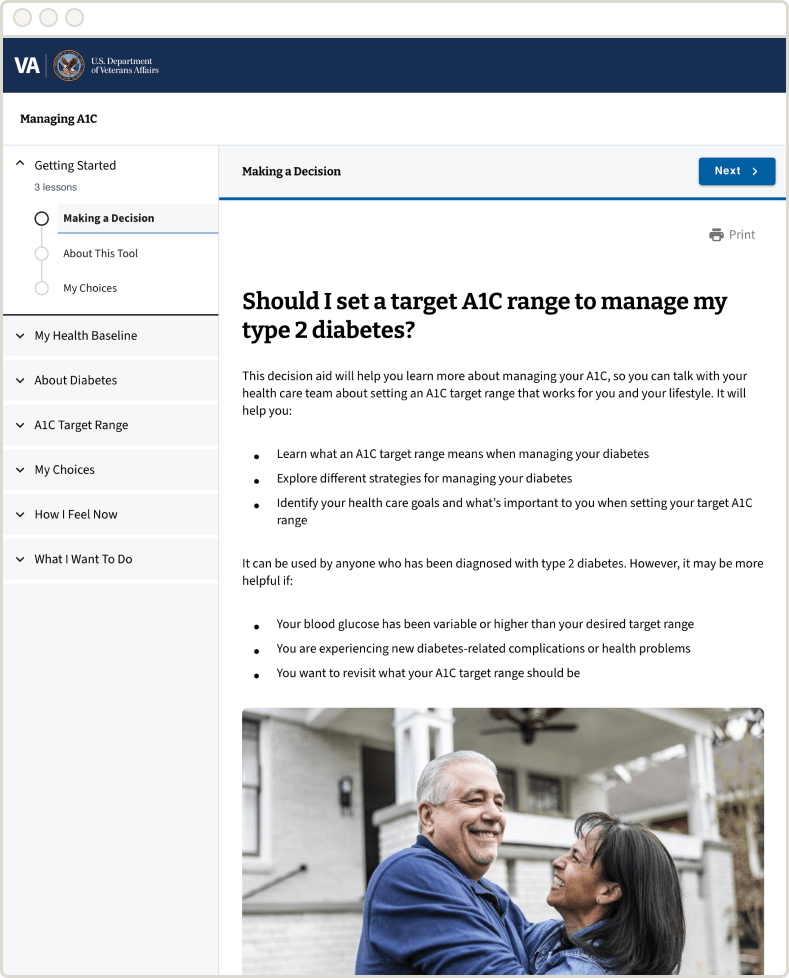 A screenshot of a patient decision aid on the U.S. Department of Veterans Affairs website. The page, titled 'Managing A1C', is part of a 'Getting Started' module. The main heading asks, 'Should I set a target A1C range to manage my type 2 diabetes?'. The text below explains how the tool helps users learn about A1C and explore strategies. A navigation sidebar on the left shows the complete module structure, and the page includes a photo of two adults smiling together outdoors.