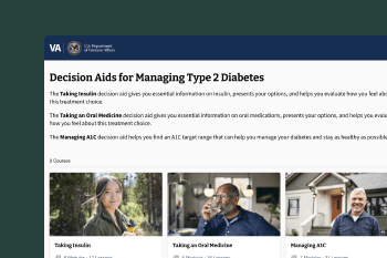 A screenshot of a "Decision Aids for Managing Type 2 Diabetes" webpage, which appears to be using the ANU Learning Management System (LMS) by SystemSeed. The page features the VA (U.S. Department of Veterans Affairs) logo and lists three courses: "Taking Insulin," "Taking an Oral Medicine," and "Managing A1C." Each course has a thumbnail image.