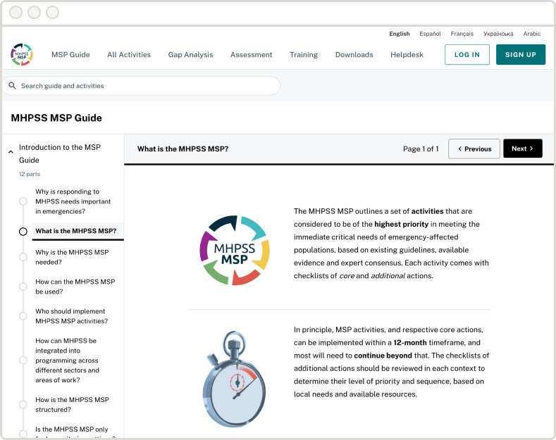 A screenshot of an online learning portal for the MHPSS MSP Guide, showing the page "What is the MHPSS MSP?" The page features the MSP logo and a stopwatch graphic, with text defining the guide as a set of highest priority activities for emergency-affected populations, meant to be implemented within a 12-month timeframe.