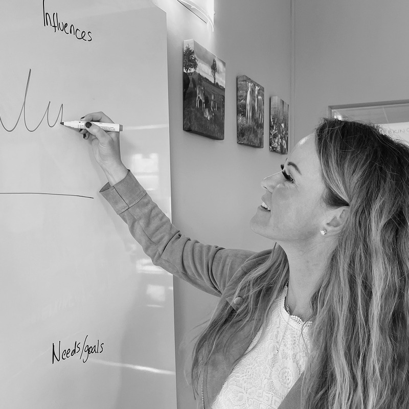 A woman (Freddie) writing on a whiteboard as part of a discovery workshop