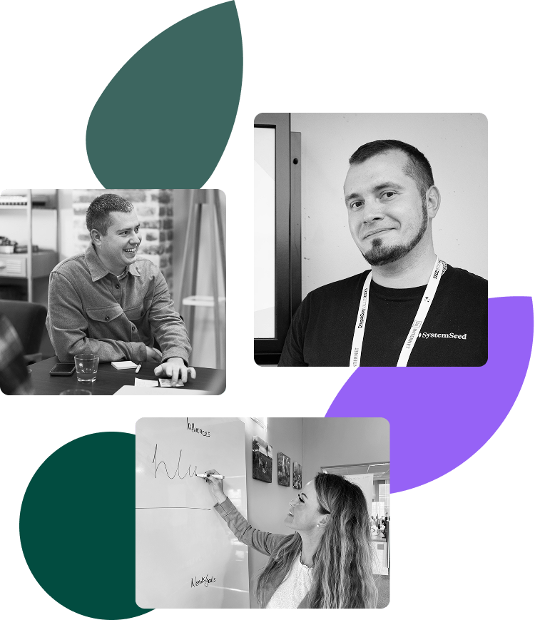A collage of three black-and-white photos of people in a professional setting, set against a light grey background with abstract green and purple shapes. Top left: A man in a button-down shirt smiles while sitting at a table. Top right: A close-up portrait of a man with a goatee wearing a lanyard with "SystemSeed" written on it. Bottom: A woman writes on a whiteboard, with the words "Influencers" and "Needs/goals" visible.