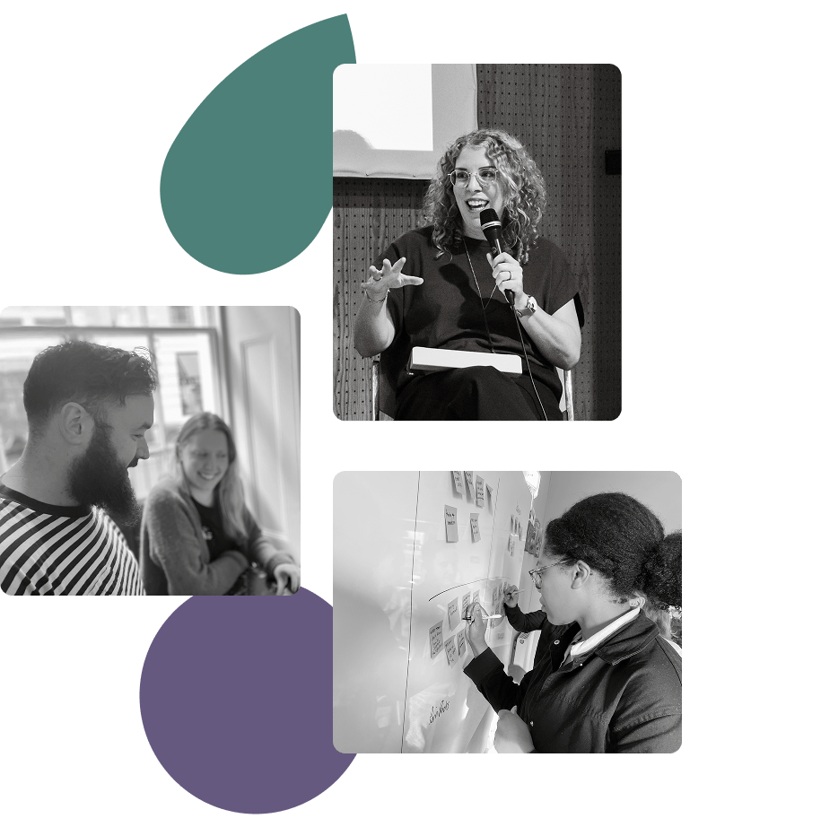 A photo collage with a light grey background and decorative teal and purple shapes, featuring three black-and-white images: Top center: A woman with curly hair and glasses speaking into a microphone, likely giving a presentation. Bottom left: A smiling man with a beard and a woman in conversation. Bottom right: A woman with glasses writing on a whiteboard covered in sticky notes.