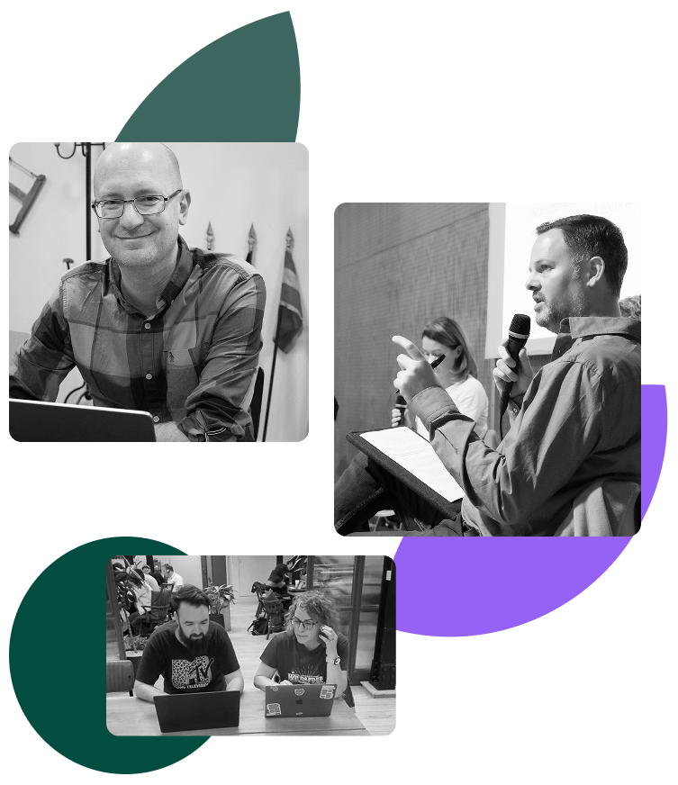 A collage of three black-and-white photographs showing people in professional work environments, set against a light grey background with decorative green and purple shapes. Top left: A smiling man with glasses and a plaid shirt sits at a desk with a laptop. Center right: A man with a beard speaks into a microphone during a panel or presentation. Bottom left: A man and a woman sit next to each other at a table, both focused on their laptops.