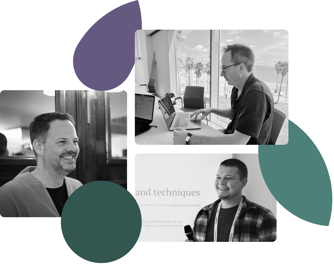 A collage of three black-and-white photos of men in professional settings, arranged on a light grey background with decorative purple and green shapes. Left: A close-up photo of a smiling man looking to the side. Top right: A man with glasses works on a laptop at a desk in front of a window overlooking a sunny boardwalk with palm trees. Bottom right: A man in a plaid shirt smiles while holding a microphone, standing in front of a presentation slide.