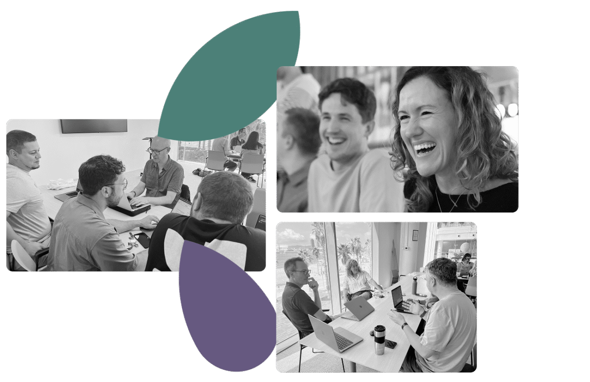 A photo collage of three black-and-white images depicting scenes of professional collaboration, set against a light grey background with large teal and purple abstract shapes. Top left: Four men are in a meeting, gathered around a table with laptops and engaged in a discussion. Top right: A close-up of a woman laughing enthusiastically next to a smiling man. Bottom right: Three people work on their laptops at a long desk in front of a large window with a sunny, coastal view.