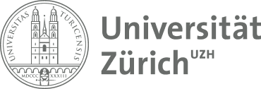 The logo for the University of Zurich. On the left is a detailed circular seal featuring a line drawing of a cathedral with twin towers (the Grossmünster) standing above a bridge, surrounded by the Latin inscription 