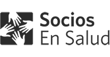 Logo of Socios en Salud, Shown in off-black, includes an icon with four hands on a square,