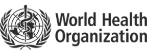 The logo of The World Health Organisation shown in off-black, includes an icon of snake around a staff, overlaid on a map of the world.