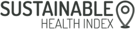 Logo for Sustainable Health Index, showing the text with a location pin icon on the right.