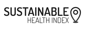 Logo for Sustainable Health Index, showing the text with a location pin icon on the right.