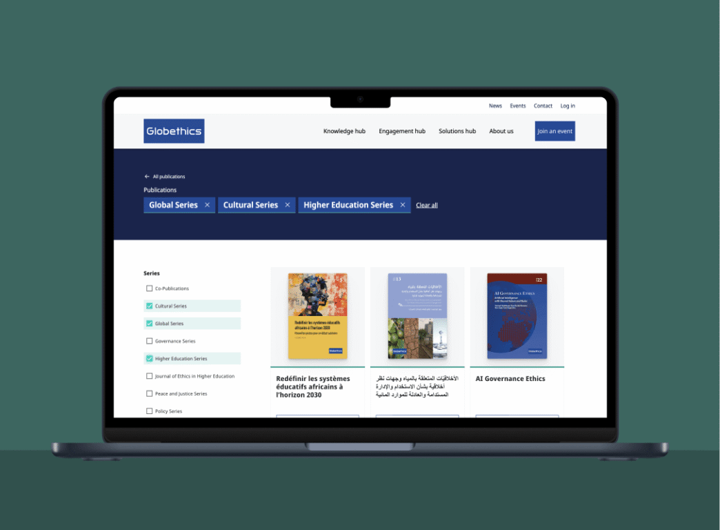 A laptop displays the Globethics publications website, showing search results filtered by 'Global Series,' 'Cultural Series,' and 'Higher Education Series.' Three book covers are visible: 'Redéfinir les systèmes éducatifs africains à l'horizon 2030,' a book in Arabic, and 'AI Governance Ethics.'