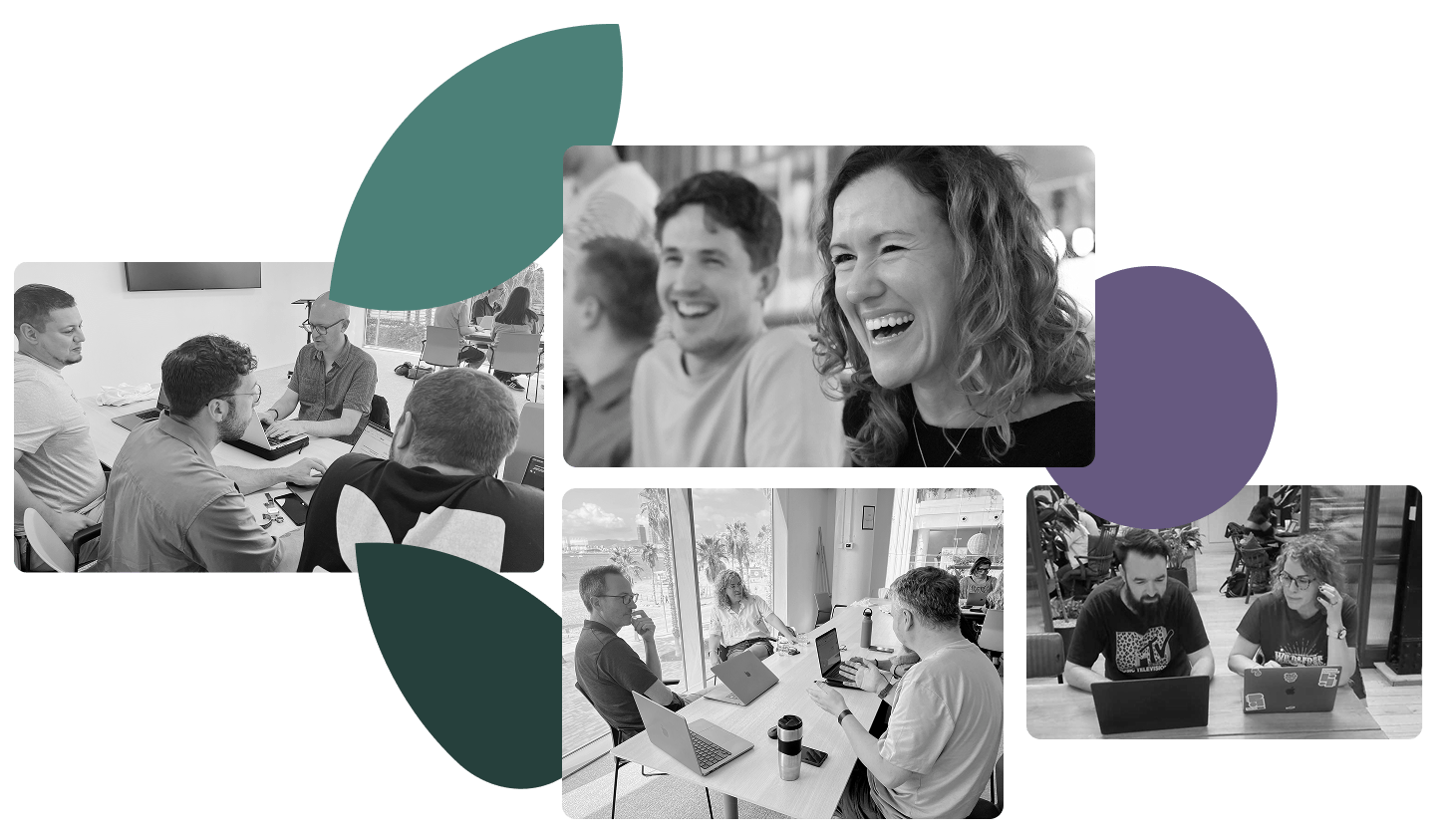 A photo collage of four black-and-white images depicting scenes of professional collaboration, set against a light grey background with large teal and purple abstract shapes. Top left: Four men are in a meeting, gathered around a table with laptops and engaged in a discussion. Top right: A close-up of a woman laughing enthusiastically next to a smiling man. Bottom left: Three people work on their laptops at a long desk in front of a large window with a sunny, coastal view. Bottom right: Two people working on their laptops.