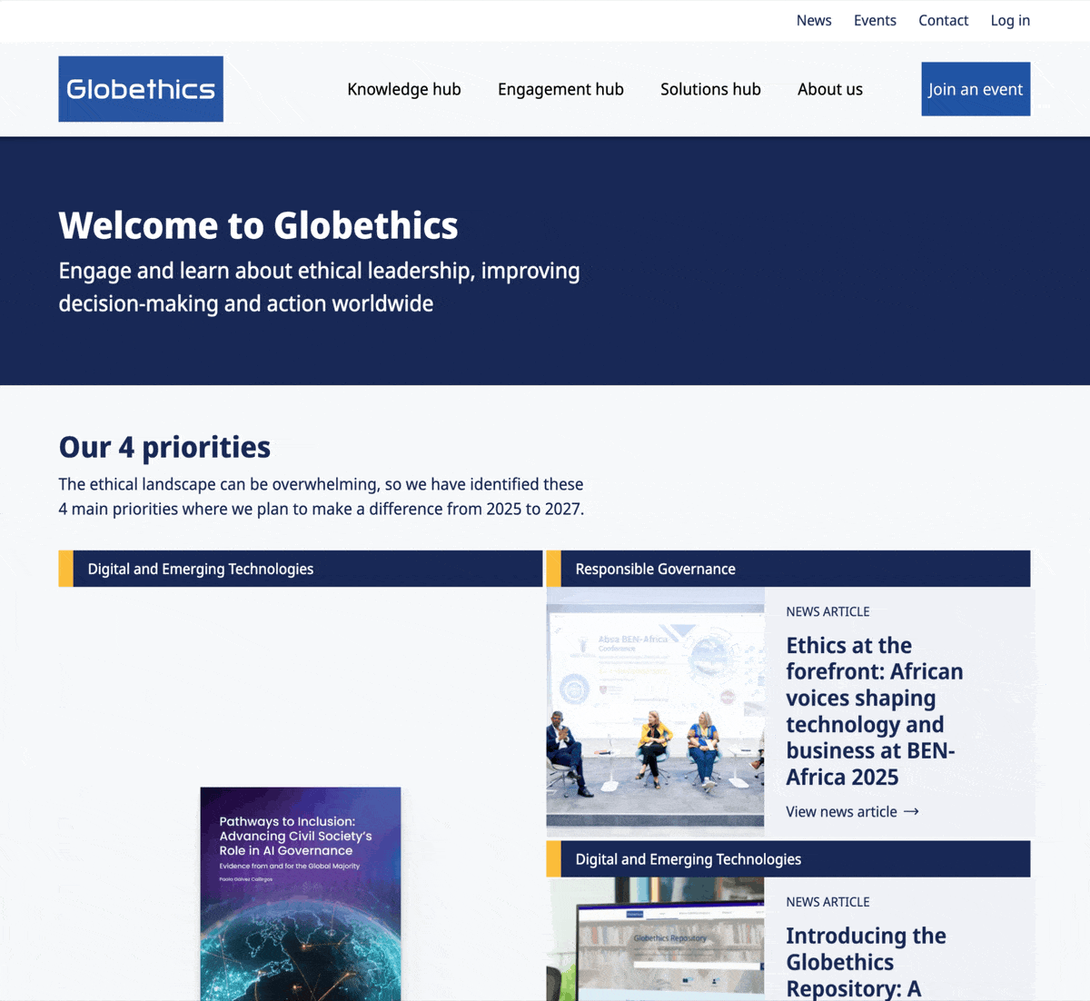 A screen recording demonstrating navigation on the Globethics website. The animation shows a cursor selecting 'Strategy' from the 'About us' dropdown menu, opening and flipping through a digital document, and then returning to the homepage to interact with the 'Our 4 priorities' section, where hovering over different tabs reveals dynamic content images.