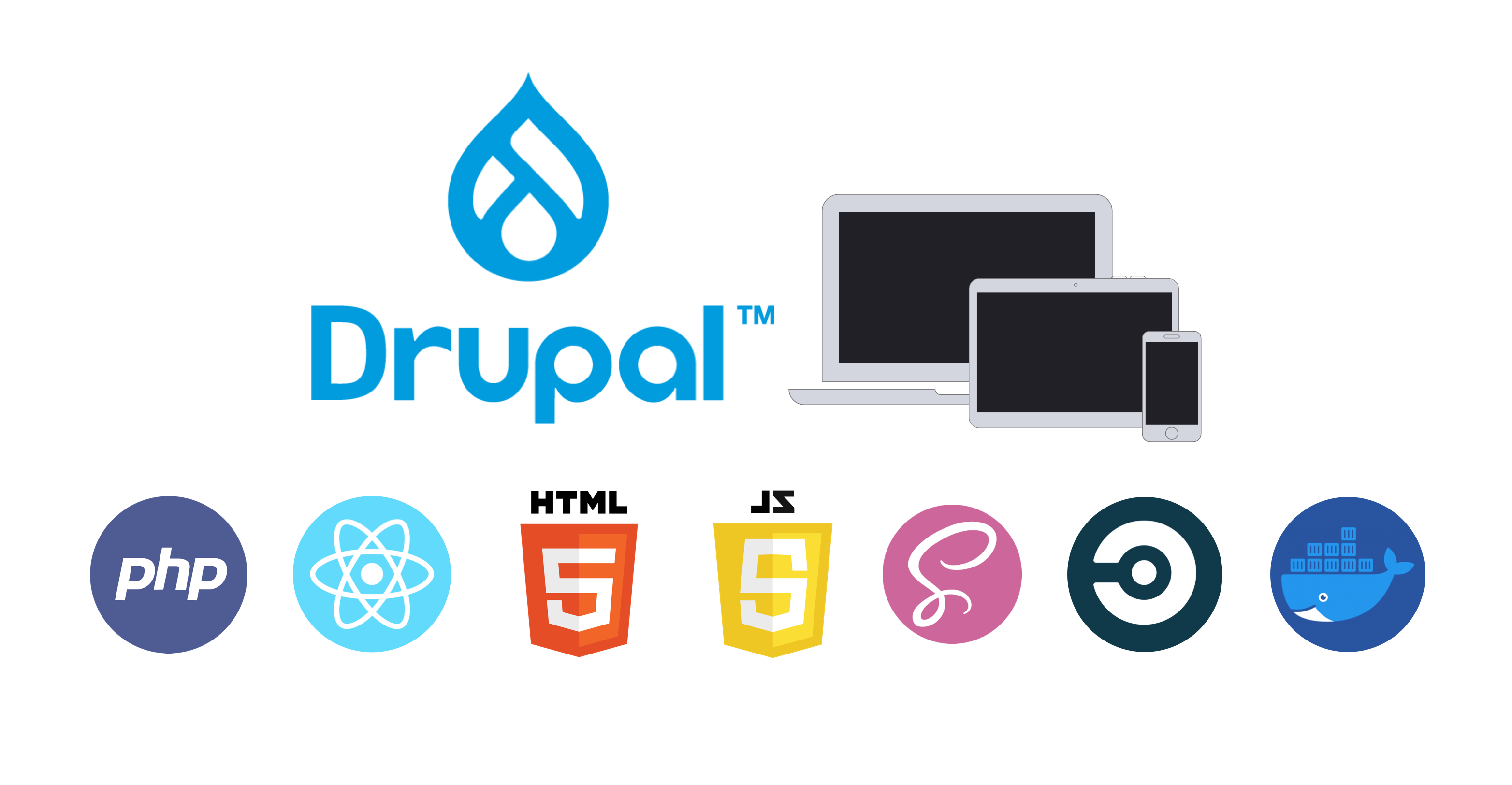 Drupal 9 logo with logos of integrated technologies