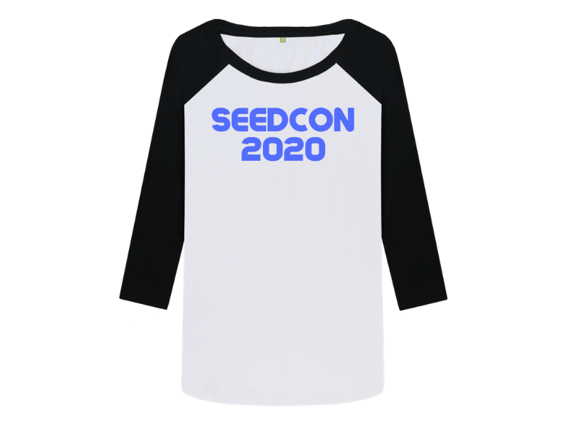 White baseball t-shirt with black sleeves and SeedCon 2020 logo on the front in blue