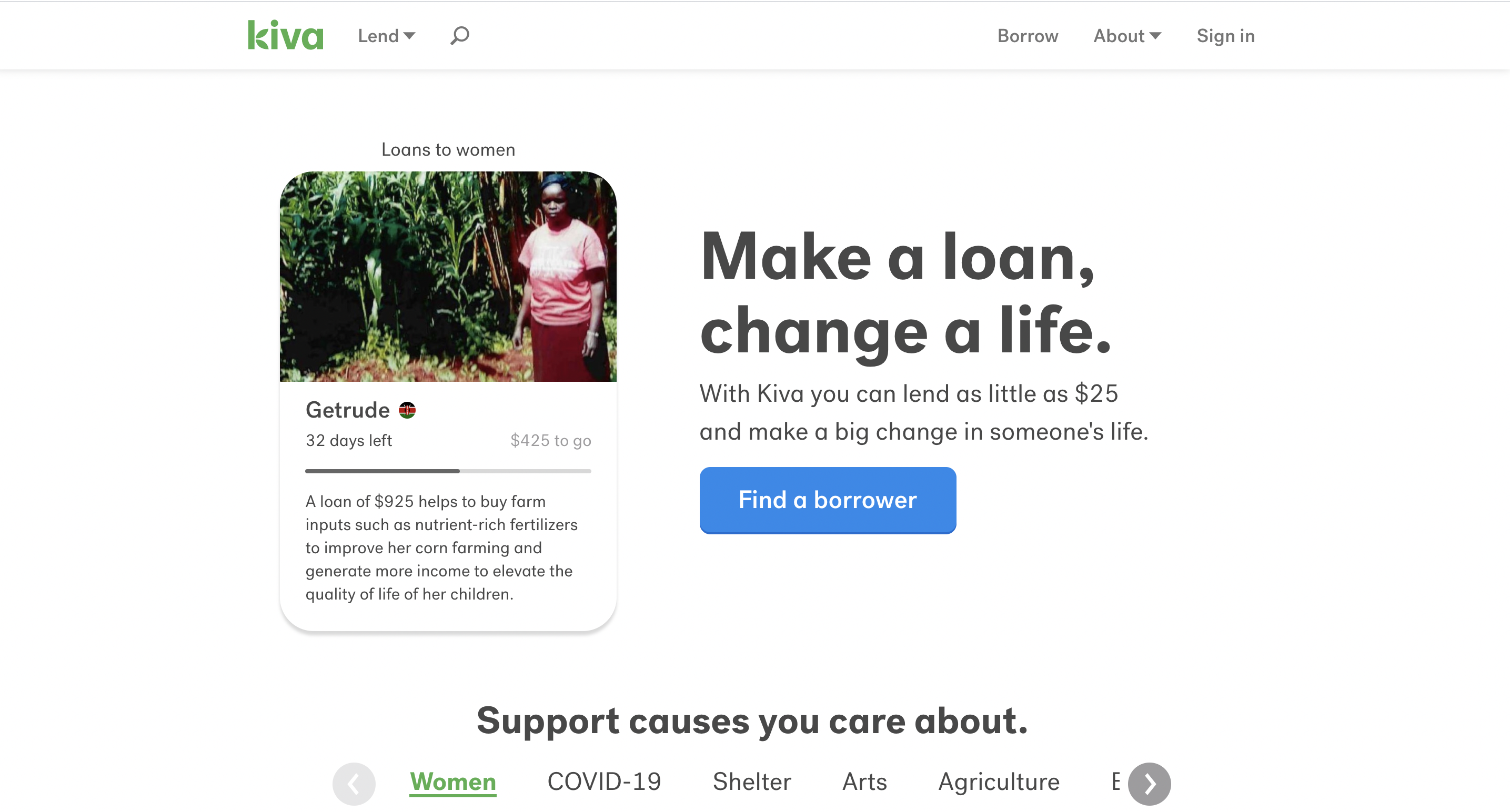 Kiva homepage screenshot showing micro-loan opportunity and a call to action to invest