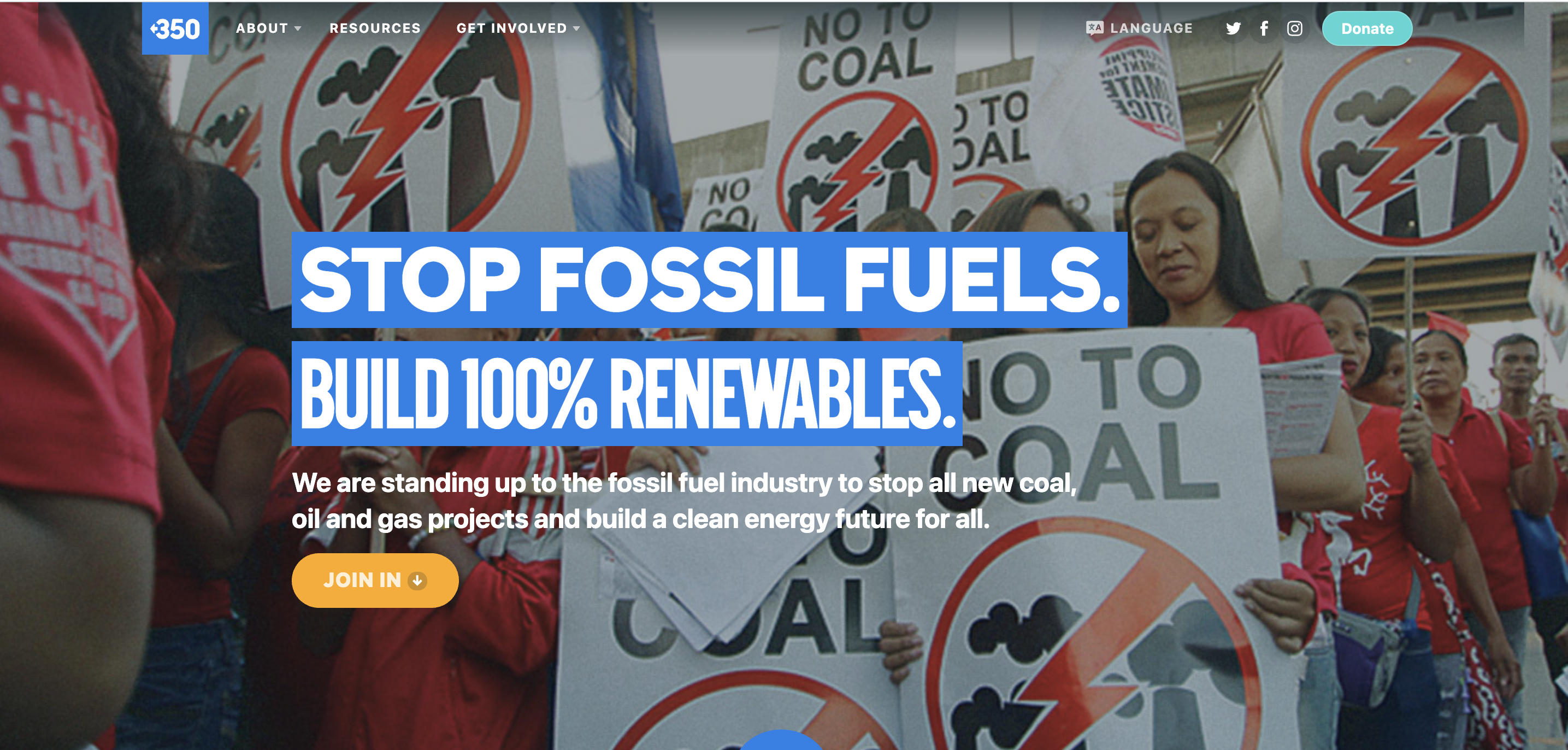 350 website screenshot showing full size image of fossil fuels protest with central headline and call to action button