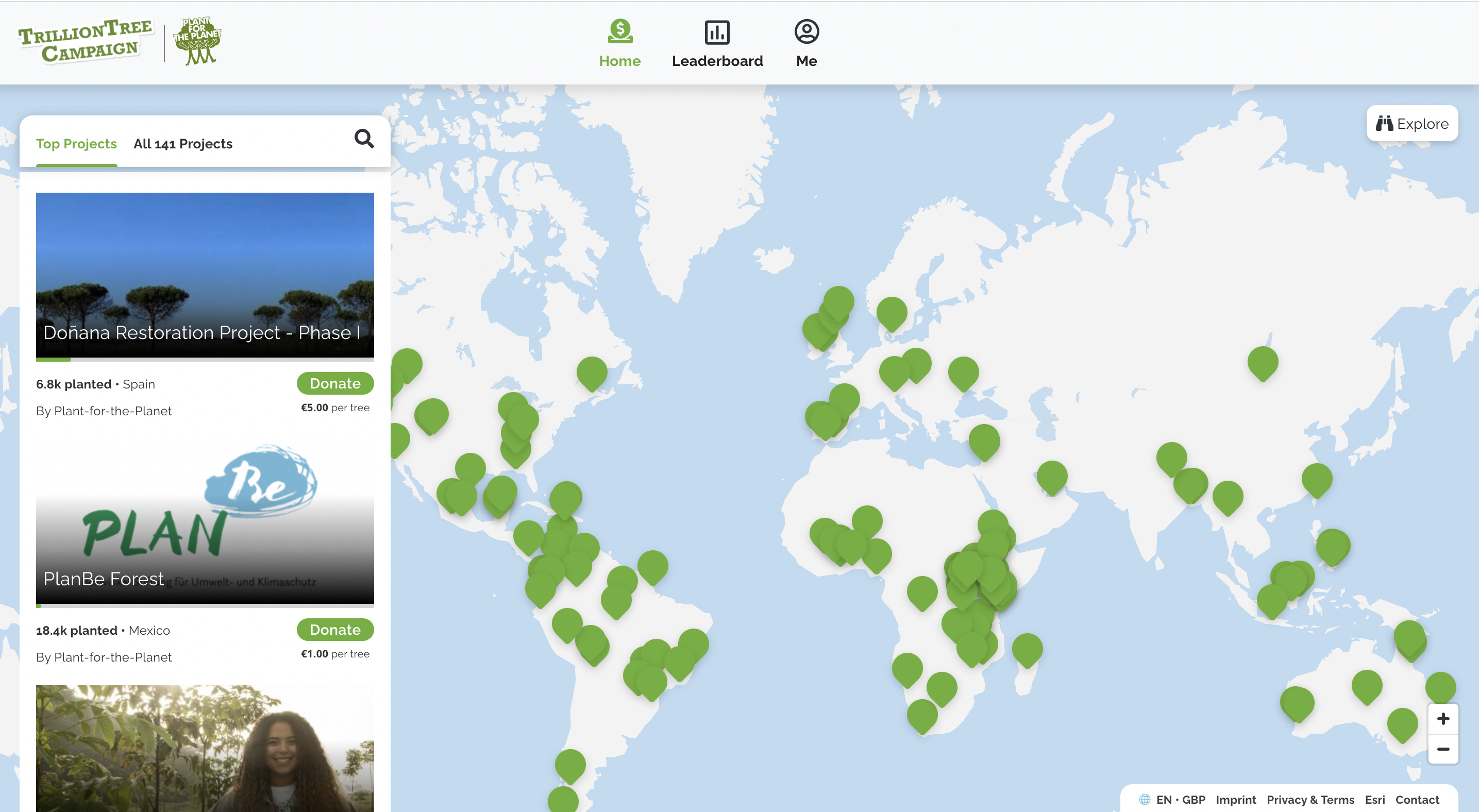 TrillionTreeCampaign.org homepage screenshot showing global map with green dots for all of their listed tree-planting projects