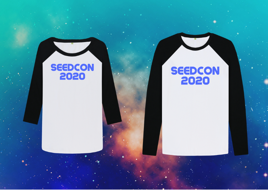 SeedCon 2020 his and hers t-shirts on galaxy background