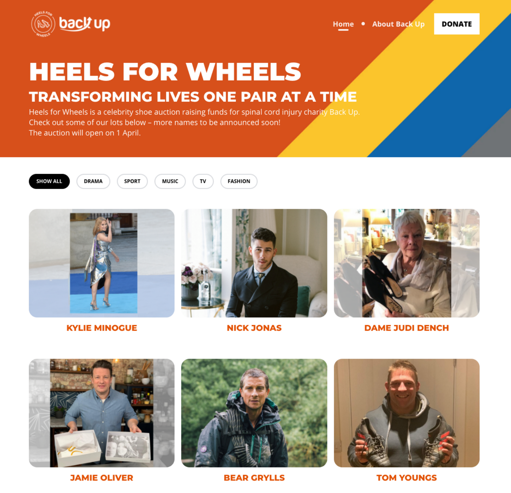 Heels for Wheels homepage for The BackUp Trust using Raisely