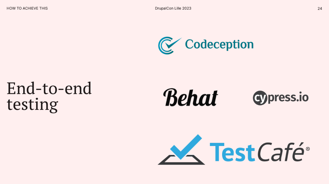 Slide with logos for Codeception, Behat, Cyprus.io and Test Cafe