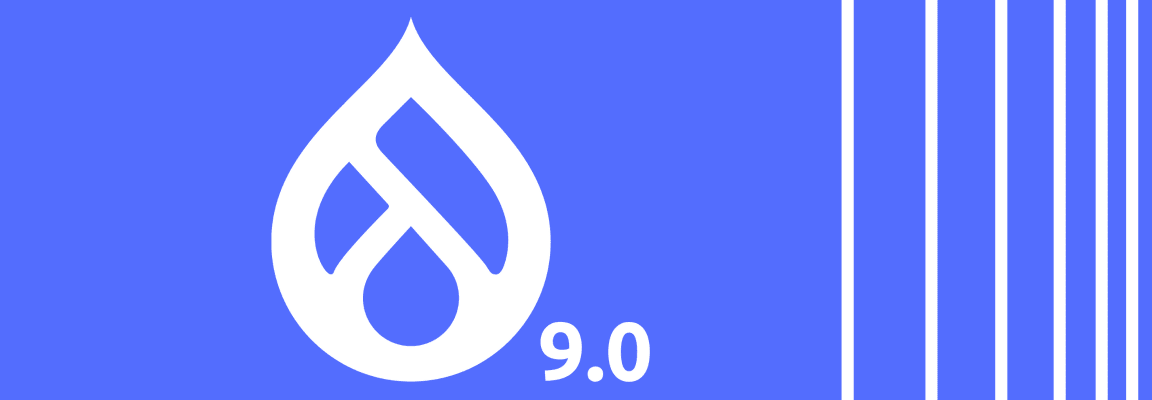 Drupal 9 logo on blue background with bars