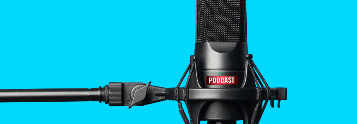 Podcast microphone on blue background
