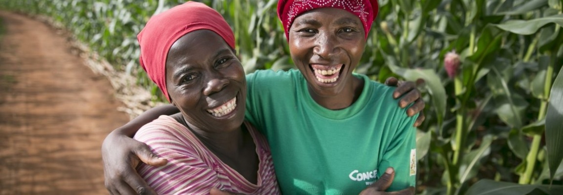 Esime Jenaia in Chituke village, Malawi, with neighbour Esnart Kasimu. Photo: Kieran McConville/Concern Worldwide